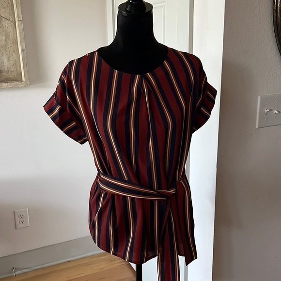 Monteau Sz L waisted tie front elastic back short sleeves stripes - Picture 1 of 5